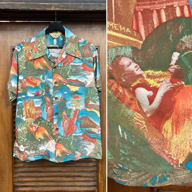 Vintage 1940’s Tropical Photoprint Hula Girl Tree Climber Rayon Hawaiian Shirt, 40’s Loop Collar Shirt, 40’s Island Life, Vintage Clothing 