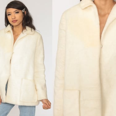 Off-White Faux Fur Coat Fake Fur Jacket Vegan Jacket Vintage 60s Bohemian Furry Glam 1960s Boho Large L 