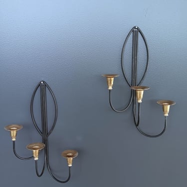 Pair of Mid-Century Modern Iron & Brass Candle Wall Sconces, c.1960’s 