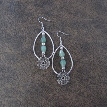 Jadeite and silver tear drop hoop earrings 