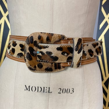 1980s belt, leopard print, vintage belt, Anne Klein, Calderon, cowhide, wide leather belt, animal print, medium, 29 30 inch, 80s accessories 