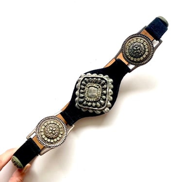 Vintage 80s Black Leather Rhinestone Belt 