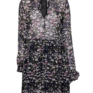 Ganni - Black Multicolor Floral Print w/ Neck Tie Long Sleeve Dress Sz 2