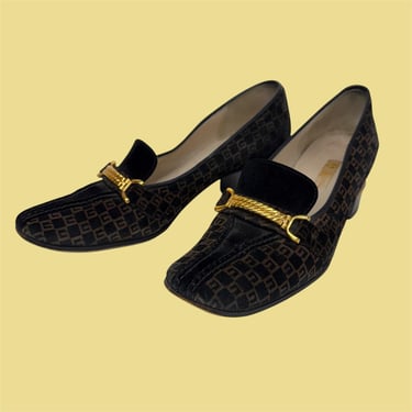 Vintage Gucci Loafer Pumps Retro 1970s Monogramed + Size 38 1/2 AA + Velvet + Chunky Heel + Brown + Black + Gold Buckle + Made in Italy 