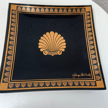 Vintage MCM Neoclassical glass bent 10” tray square black with 22k gold seashell theme signed Georges Briard 