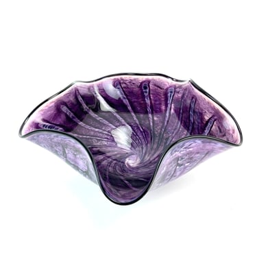 Robert Eickholt Studio Art Glass Large 12" Purple Swirl Ruffled Bowl w Lip Signed 