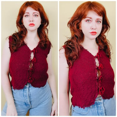 1990s Vintage Maroon Knit Vest / 90s Grunge Rampage Chiffon Rose Button Tank / Size Large 