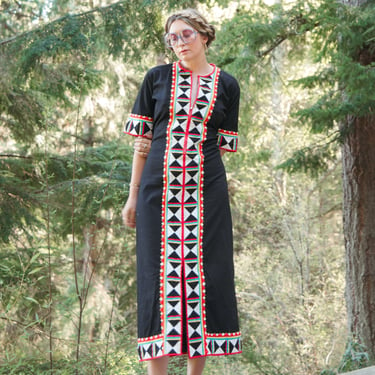 Vintage 60s Patchwork Kaftan Dress | Embroidered Hippie Maxi Dress | Boho Geometric Cosmic Caftan | Long Black Tunic Dress 