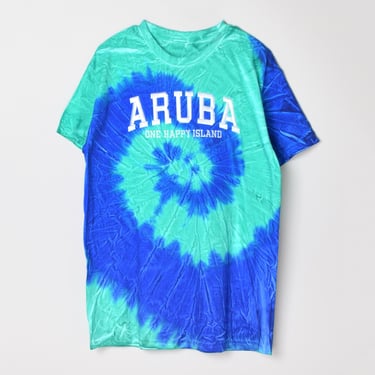 Vintage 90s Aruba Tie-Dye T-Shirt - stitched lettering - green, blue, tropical, surfer, summer, vacation - Men's L 