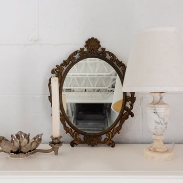 vintage french petite brass mirror with cornice top