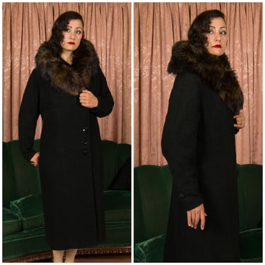 1930s Coat -  Rare Dramatic 30s Fur and Woven Wool Boucle Coat with Dramatic Pop Up Collar Volup XL 