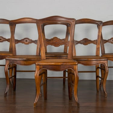 Antique Country French Provincial Walnut and Cane Dining Chairs - Set of 6 