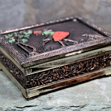 Japanese Metal Box with Wood Lining - Made in Japan - Girl in Garden - Copper Plated Trinket Box 
