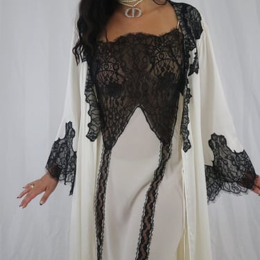 Vintage Cream + Black Lace + Silk Full Length Slip Dress - Large 
