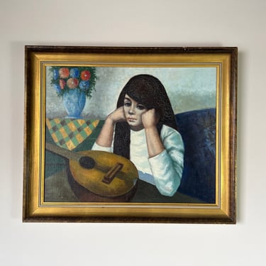 1960's Abati Young Woman With Mandolin Oil Painting, Framed 