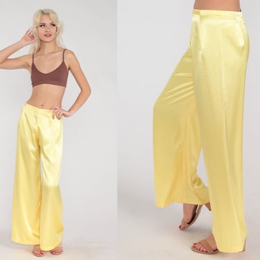 Yellow Silk Pants 80s Trousers Shiny Straight Wide Leg Mid Rise Retro Basic Simple Chic Bohemian Light Summer Party Vintage 1980s Small S 