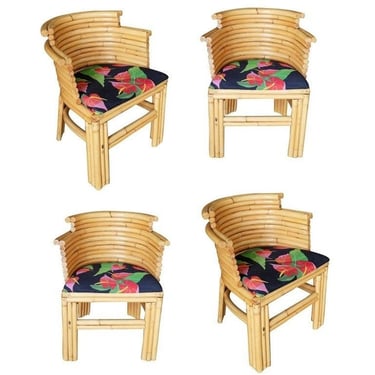 Restored Streamlined Art Deco Stacked Rattan Dining Side Chair, Set of Four 