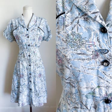 Vintage 1950s Blue Butterfly Cold Rayon Dress / M 