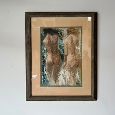 80's Kenne Impressionist Portrait of Two Nude Females -Oil Painting, Framed 