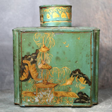 d Antique Chinese Tea Tin | Green and Gold Tin with Cap | Vintage Tin | Bixley Shop 