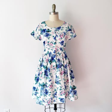 SIZE S/M 1980s Floral Cotton Dress / 80s Tie Back Cottagecore Natural Dress / 80s does 50s Bright Floral Sun Dress Summer 
