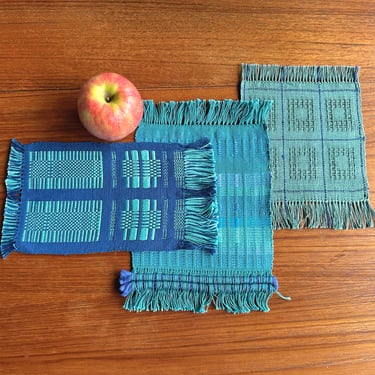 Vintage weaving samples in blue and teal tones / small woven hot pads, coasters, table runner, dollhouse rugs 