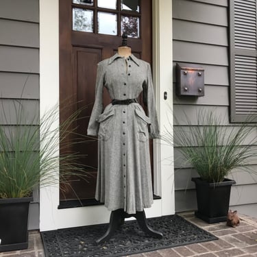 50s Wool Tweed Dress, Betty Barclay Frocks, Casual, Pockets, Belted Waist, Long Sleeve, Fitted, Period Clothing 