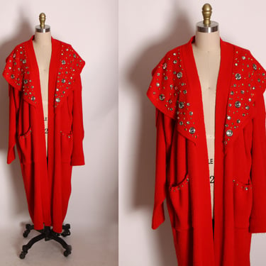 1980s Red Knit Open Front Full Length Bedazzled Gold Bling Sweater Jacket by The Basic Original 