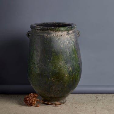 Early 2 Handled Stoneware Dark Green Glaze Moroccan Planter with Double Handles and a Crimped Border