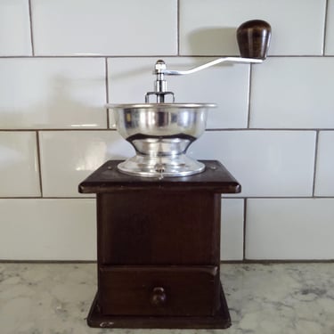 Vintage Coffee Grinder on Wood Stand with Drawer 