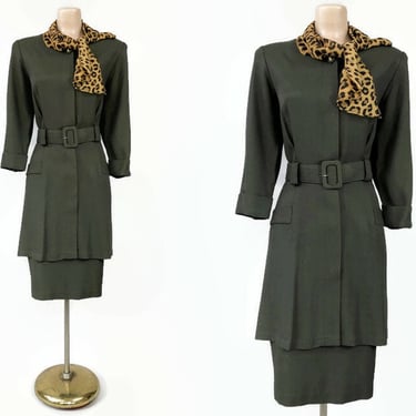 VINTAGE 80s Army Green Structured Power Dress by Studio I Sz 10 | Military Inspired 1980s Belted Safari Peplum Dress with Leopard Scarf VFG 