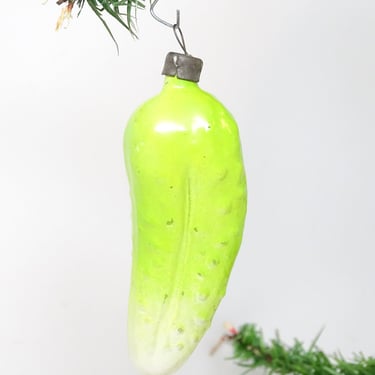 Vintage 1940's Russian Painted Glass Pickle  Christmas Tree Ornament, Antique New Year Decor 