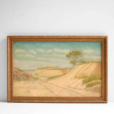 Vintage Beach Painting of Sand Dunes and the Ocean, Original Seascape Oil Painting, Framed Beach Painting 