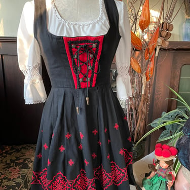 Vintage 1940s German Dirndl Dress Red Embroidery on Black - Size XS S 