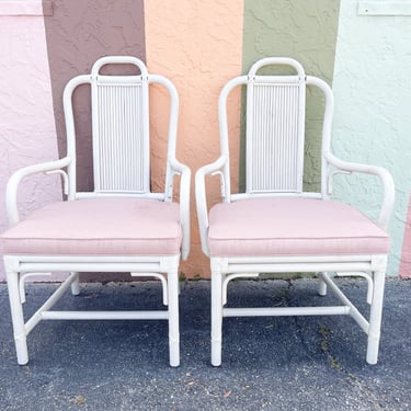Pair of White Rattan Arm Chairs
