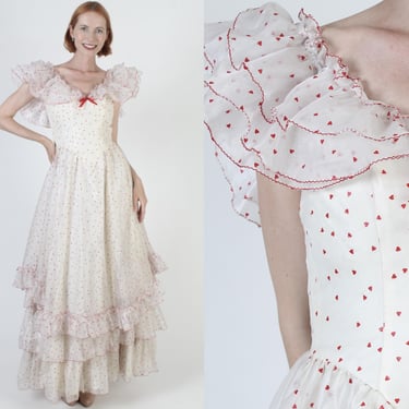 Vintage 70s White Hearts Dress / Country Western Wedding Gown / Sheer Swiss Dot Plantation Maxi / Retro Saloon Prom Style 