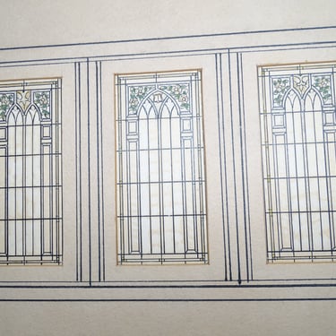 1800's Original Watercolor Painting, Antique Stained Glass Art Rendering for Door and Windows 