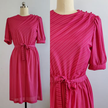 1980s Striped Pink Dress - 80s does 40s Dress - 80's Women's Vintage Size Large 