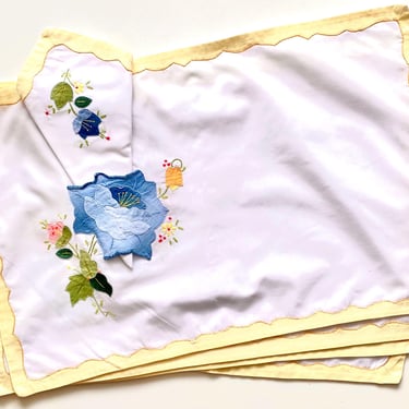 Vintage 1950s Style Placemats Matching Cloth Napkins Embroidered Blue Floral Yellow Trim White Table Linens Set of 9 