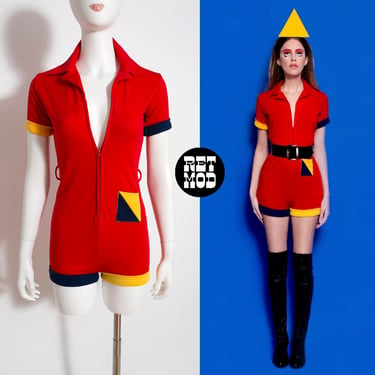 EXTREMELY RARE Vintage 70s Red Color Block Primary Color Stretchy Sexy Romper One-Piece 