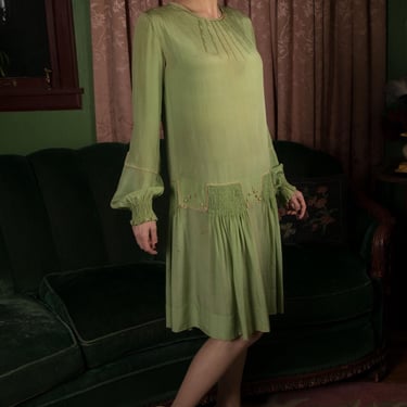 1920s Dress - Pretty Pale Green Shirred Soft Silk 20s Day Dress with Ivory Trim 