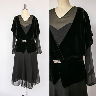 1920s Dress Black Velvet Chiffon Illusion Deco M 