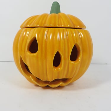 Vintage Ceramic Halloween Jack-O-Lantern Candle Candy Holder 