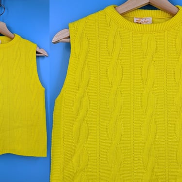 Vintage 70s Yellow Acrylic Cable Knit Sleeveless Sweater Vest - Seventies Pullover Small Sweater 