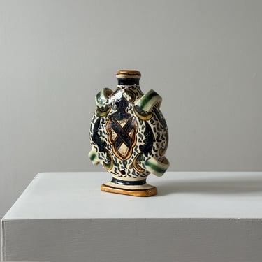 Vintage Italian Majolica Flask Decorative Bottle Heraldic Shield Design Ceramic Vase 