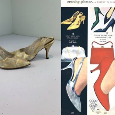 Glitter Sparkle Social Event - Vintage 1960s Gold Lame Metallic Fabric Pointed Sling Back Heels Stilettos - 7 1/2B 