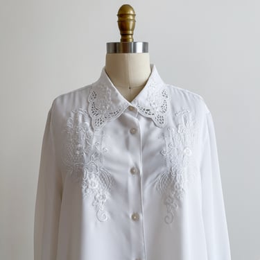 cute cottagecore blouse 80s 90s plus size vintage white embroidered lace collar long sleeve shirt 