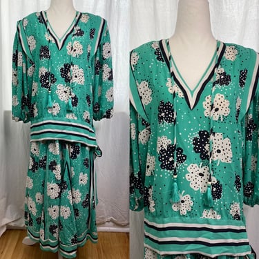 Vintage Diane Freis Green Clover 2 Piece Set, Skirt and Top | Diane Freis 2pc Dress | Summer Flouncy Boho Hippie Festival Green Black White 