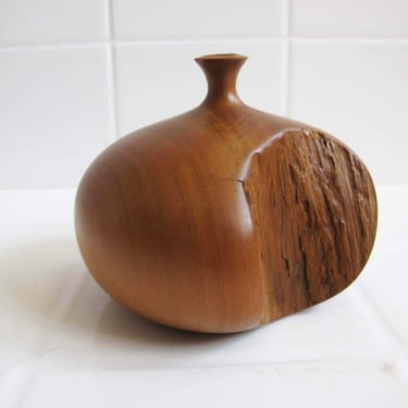 Mid Century Carved Burlwood Weed Pot - Small Vase MCM Natural Minimalist 