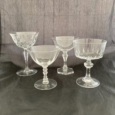 Set of 4 Mismatched Vintage Cut Crystal Large 5-6 OZ Cocktail Glasses, Assorted Mid Century Modern Champagne Coupe Glasses, Art Deco Barware 
